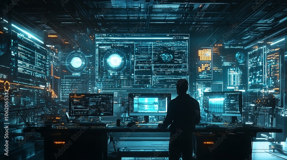 Leinwandbilder A hacker in a dark futuristic room surrounded by computer screens with flashing lights and code.