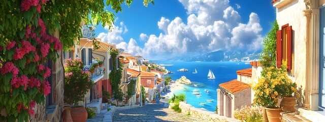 A picturesque scene of the island with its colorful houses, lush greenery, and crystal-clear waters in Greece, in the style of a paint