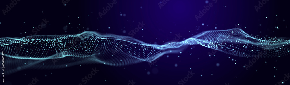 Poster futuristic wave of musical particles. stream of running data. 3d rendering