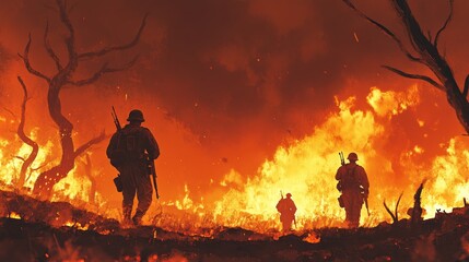 Fototapeta premium Soldiers Walking Through Fire Inferno War Battlefield