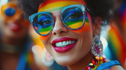 A close-up shot of a diverse group of adults proudly displaying their individuality with rainbow-themed makeup and outfits, celebrating inclusivity and love during Pride Month.