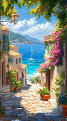 A picturesque scene of the island with its colorful houses, lush greenery, and crystal-clear waters in Greece, in the style of a paint