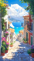 A picturesque scene of the island with its colorful houses, lush greenery, and crystal-clear waters in Greece, in the style of a paint