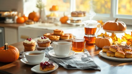 A cozy kitchen table set with flavored syrups, steaming cups of tea and coffee, and fresh pastries, all beautifully arranged amidst fall foliage and pumpkin decorations.