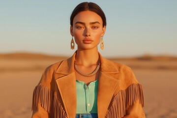 A woman stands gracefully in a desert setting, wearing a stylish fringe jacket and elegant jewelry, against a backdrop of warm, sandy hues.