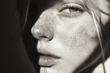 Fototapeta premium A detailed close-up portrait of a woman's face, focusing on her nose and lips, showcasing her light skin and small freckles.