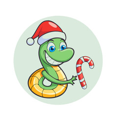 Fototapeta premium Cartoon snake with Santa hat holding candy cane