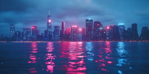 Fototapeta premium Creative Abstract Marketing Background Featuring a 3D Rendered Futuristic Cityscape with Neon Lights and Skyscrapers, Ideal for Business, Technology, or Digital Marketing Concepts. This Vibrant Vector