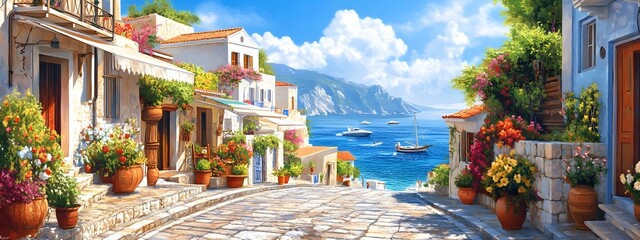 A picturesque scene of the island with its colorful houses, lush greenery, and crystal-clear waters in Greece, in the style of a paint
