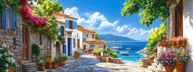 A picturesque scene of the island with its colorful houses, lush greenery, and crystal-clear waters in Greece, in the style of a paint