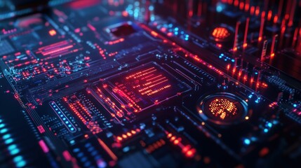 Fototapeta premium Futuristic circuit board machine Glowing cyberpunk neon energy advanced technology background wallpaper AI generated image