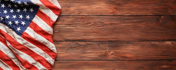 An American flag drapes over a rustic wooden surface, symbolizing patriotism and connection to nature.