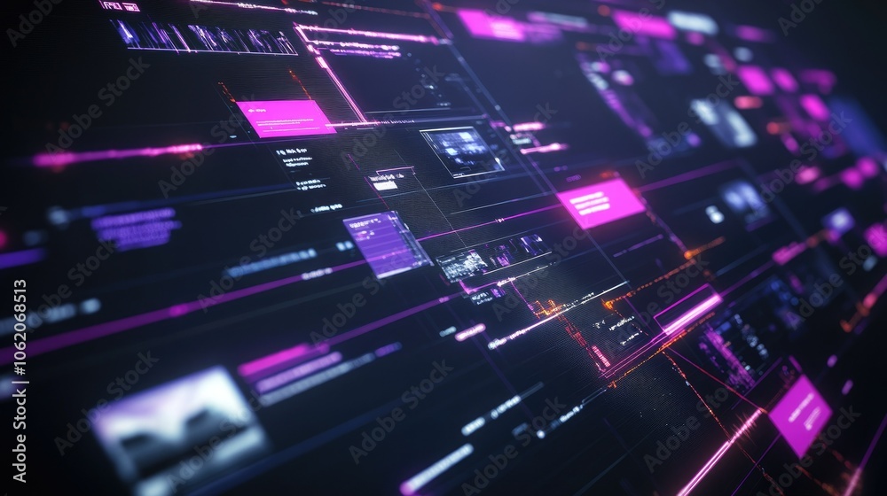 Poster a detailed interactive graphic displaying a timeline of video editing features, illustrating the jou