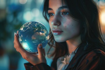Naklejka premium A young woman contemplating the globe she holds in her hands, symbolizing environmental consciousness and global ecology.