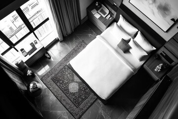 A modern and elegant hotel room with a spacious bed, stylish decor, and luxurious amenities.