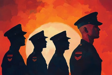 Artistic depiction of a sunset ceremony with Marines standing at attention, their silhouettes against the setting sun, Marine sunset ceremony, Beautiful and reverent