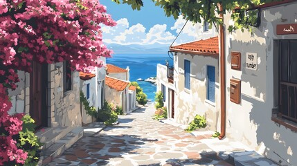 A picturesque scene of the island with its colorful houses, lush greenery, and crystal-clear waters in Greece, in the style of a paint