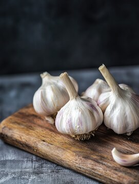 Fresh garlic cloves in a row on wooden table.
