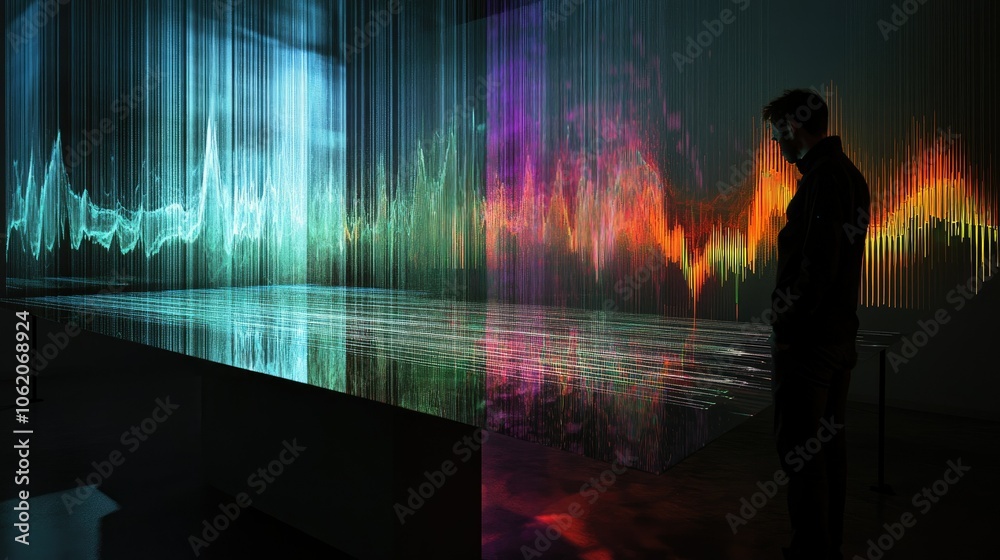 Poster A dynamic digital environment displaying visual representations of audio waves and data processing, emphasizing the intersection of tech and creativity.
