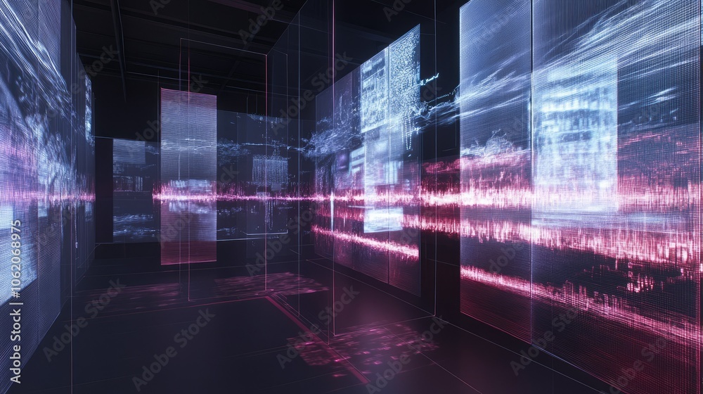 Aufkleber A dynamic digital environment displaying visual representations of audio waves and data processing, emphasizing the intersection of tech and creativity.