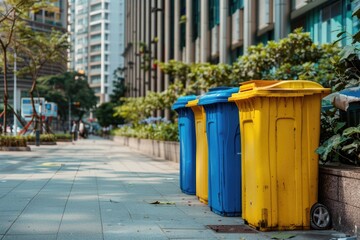 Collection of multi-colored public trash bins lined up along a city sidewalk. Blue and yellow color scheme, modern design for urban environment.