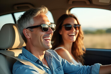 A candid photograph of two people enjoying a drive in a modern car, with a man driving and a woman in the passenger seat, showcasing a cheerful atmosphere.