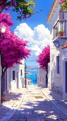 A picturesque scene of the island with its colorful houses, lush greenery, and crystal-clear waters in Greece, in the style of a paint