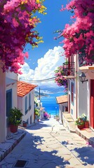 A picturesque scene of the island with its colorful houses, lush greenery, and crystal-clear waters in Greece, in the style of a paint
