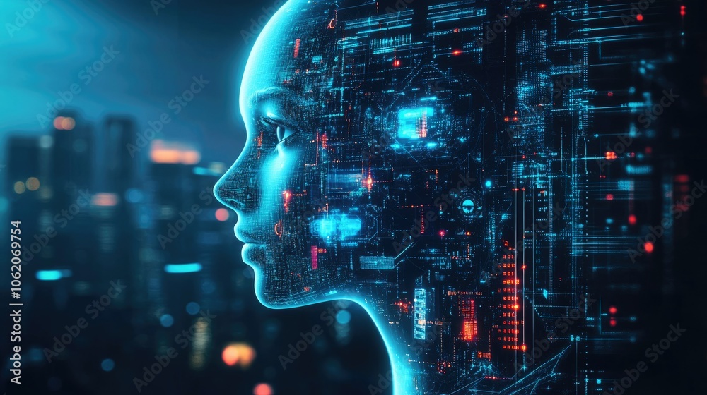 Poster A futuristic digital background showcasing abstract representations of AI and data networks, ideal for tech-focused marketing and presentations.