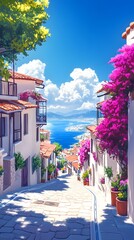 A picturesque scene of the island with its colorful houses, lush greenery, and crystal-clear waters in Greece, in the style of a paint