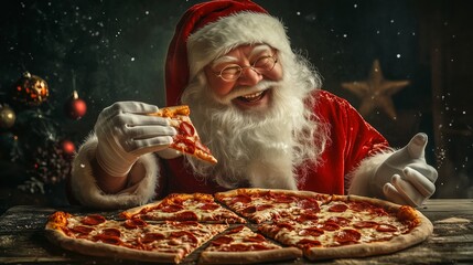 A happy Santa Claus eating pizza.
