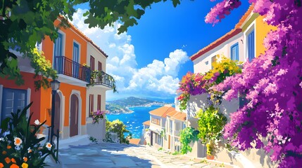 A picturesque scene of the island with its colorful houses, lush greenery, and crystal-clear waters in Greece, in the style of a paint