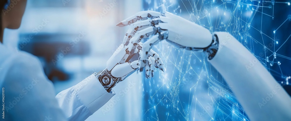 Aufkleber a human hand reaches out to touch a robotic hand. the robotic hand is surrounded by a blue glow, sug