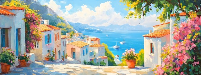 A picturesque scene of the island with its colorful houses, lush greenery, and crystal-clear waters in Greece, in the style of a paint