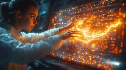 A female scientist in a white lab coat reaches out towards a glowing screen with digital data and circuitry.