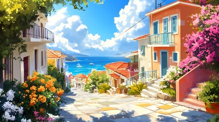 A picturesque scene of the island with its colorful houses, lush greenery, and crystal-clear waters in Greece, in the style of a paint