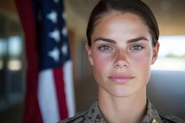 Closeup of a Marine saluting in front of an American flag, wearing a crisp dress uniform, Marine saluting with flag, Patriotic and respectful