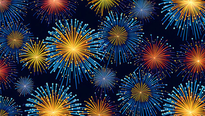 Fototapeta premium a vibrant cityscape photograph featuring a nighttime skyline with a series of large, colorful fireworks exploding in the sky. The fireworks display a range of colors,