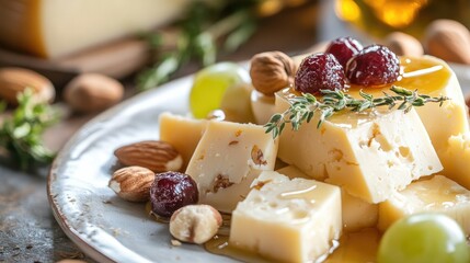 A gourmet presentation of Parmigiano-Reggiano cheese, elegantly plated with fruits, nuts, and a drizzle of honey, showcasing its rich flavor as a dessert option.