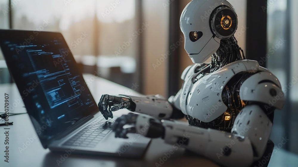 Poster A humanoid robot is working on a laptop, coding in a modern office setting.