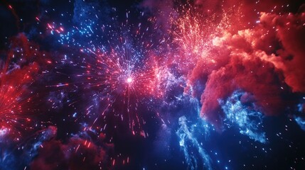 Obraz premium Colorful fireworks display in the sky. The fireworks are red, blue, and green. The sky is dark, and the fireworks are lit up. Scene is festive and celebratory