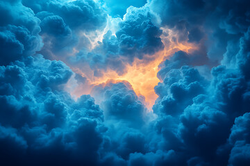 Fototapeta premium Dark blue stormy sky with dramatic, intense clouds and deep shadows, capturing the powerful and moody atmosphere of an approaching thunderstorm. 