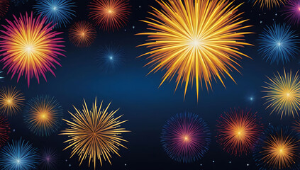 a vibrant cityscape photograph featuring a nighttime skyline with a series of large, colorful fireworks exploding in the sky. The fireworks display a range of colors,