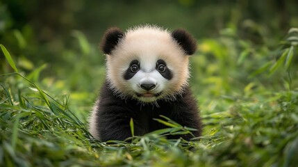 Fototapeta premium A cute baby panda sitting in the grass, looking at the camera with big, curious eyes.