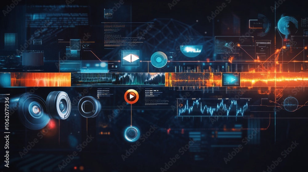 Poster A modern timeline illustrating the key features of video editing software, designed to highlight advancements in post-production.