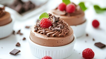 A mouthwatering chocolate mousse dessert elegantly arranged on a bright white surface, perfect for showcasing culinary artistry and flavor.