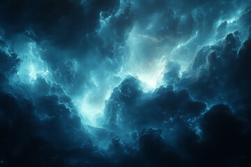 Fototapeta premium Dark blue stormy sky with dramatic, intense clouds and deep shadows, capturing the powerful and moody atmosphere of an approaching thunderstorm. 