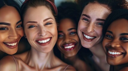 Fototapeta premium Group of smiling women hugging and laughing together. Friendship, bonding, joy, and confidence.