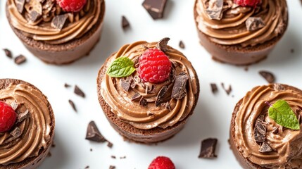 A mouthwatering chocolate mousse dessert elegantly arranged on a bright white surface, perfect for showcasing culinary artistry and flavor.