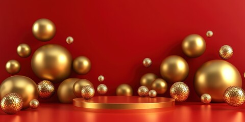  Creative Abstract Marketing Background Featuring a 3D Rendered Podium with Golden Geometric Shapes on a Red Background, Ideal for Product Display Presentations. This Minimalist Design Includes a Circ